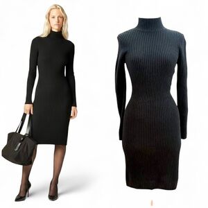 State Cashmere Black Ribbed Mock Neck Old Money Quiet Luxury Sweater Dress Small